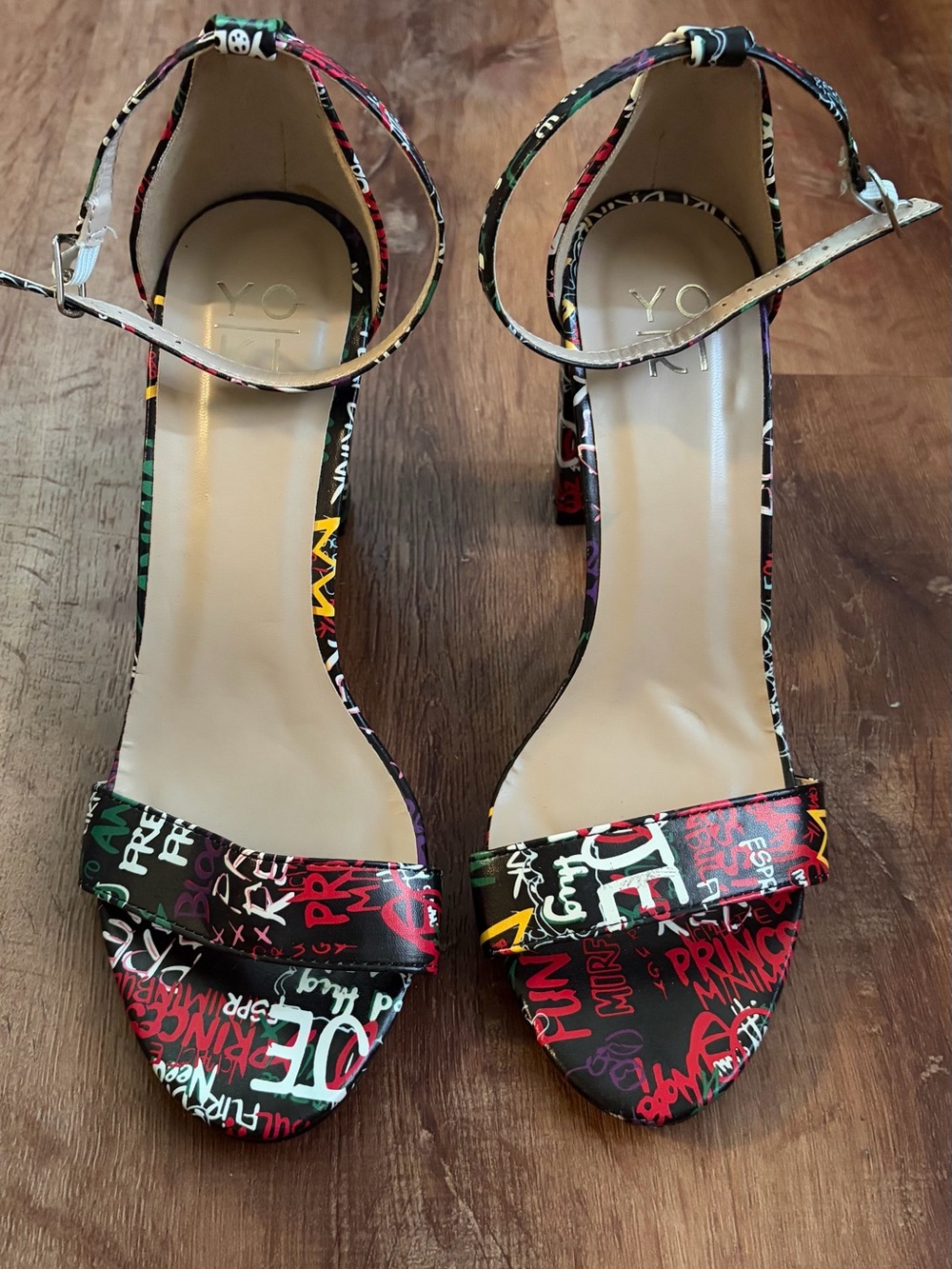 Yoki Multicolor Graffiti Ankle-Strap Heels